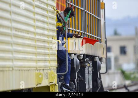 Addis Abeba, Äthiopien. 25. August 2022. Ein lokaler Mitarbeiter steigt am 25. August 2022 an der Indode Freight Station am Stadtrand von Addis Abeba, Äthiopien, einen Güterzug der Äthiopien-Dschibuti-Eisenbahn aus. Die in China gebaute Äthiopien-Dschibuti-Eisenbahn hat am Donnerstag den Fahrzeugtransport von den Häfen in Dschibuti nach Addis Abeba, der äthiopischen Hauptstadt, aufgenommen. Die erste Fahrzeuglieferung kam an der Indode Freight Station am Stadtrand von Addis Abeba an. Quelle: Michael Tewelde/Xinhua/Alamy Live News Stockfoto