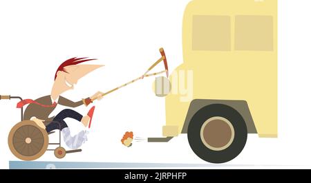 Comic-Mann fährt auf dem Rollstuhl. Comic-Mann mit Verband auf dem gebrochenen Bein sitzt im Rollstuhl und reitet Festhalten an dem Auto durch eine Krücke Stock Vektor
