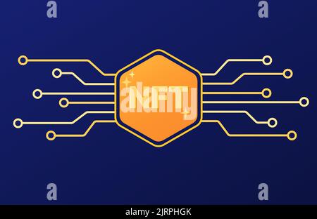 NFT-Technologie. Nicht-fungibler Token im Leiterplattenstil. Blockchain-Schema. Vektorgrafik, Banner, flach Stock Vektor