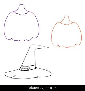 Set aus zwei bunten Kontur-Kürbissen und einem Hexenhut. Gliederungszeichnung. Geeignet für Aufkleber, Poster, Einladungen, Postkarten Stock Vektor