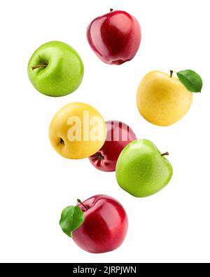 Fallende bunte Äpfel, rot-grüne und gelbe Früchte, isoliert auf weißem Hintergrund, Schnittpfad, volle Schärfentiefe Stockfoto