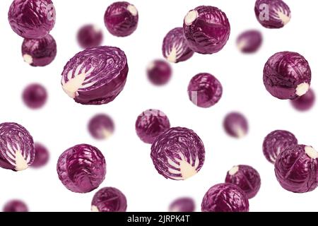 Fallender Rotkohl, isoliert auf weißem Hintergrund, selektiver Fokus Stockfoto