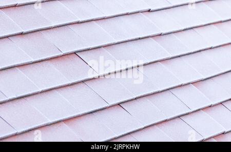 Dachziegel, die im Winter mit Frost oder Schnee bedeckt sind und kaltes Winterwetter oder Dachisolierung darstellen. Einfache Lehmziegel auf geneigtem Dach, Großbritannien Stockfoto