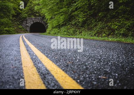 Der Blue Ridge Parkway verschwindet in einem Tunnel in Virginia Stockfoto