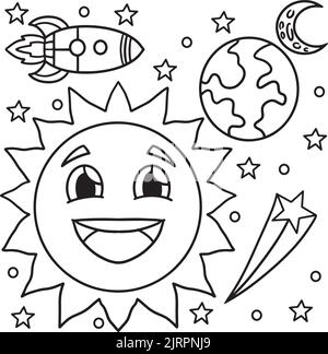 Happy Sun in Space Malvorlagen für Kinder Stock Vektor