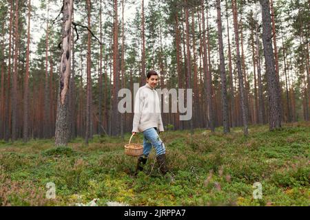 Frau mit Korb Pilze im Wald Stockfoto