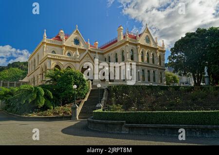 Wellington, Wellington / Aotearoa / Neuseeland – 25. Mai 2019: Das Gebäude der neuseeländischen Parlamentsbibliothek in der Hauptstadt Wellington. Stockfoto