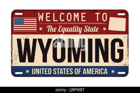 Willkommen bei Wyoming vintage rostigen Nummernschild auf weißem Hintergrund, Vektor-Illustration Stock Vektor