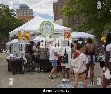 Schwarze vegane Lebensmittelhändler und afroamerikanische Organisationen nehmen am Black VegFest im Commodore Barry Park in Brooklyn, New York, Teil. Die Leute stehen beim Festival für Vegan Soul Food an. Stockfoto