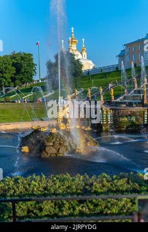 RUSSLAND, PETERSBURG - 19. AUG 2022: Brunnen russischer Palast petersburg peterhof Grand st Cascade Reise, für russisches Blau für den Bau für den heiligen Himmel Stockfoto