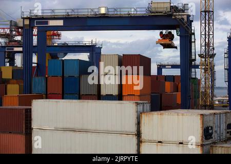 Industriehafen mit Containern. Stapel von Containern im Hafen am Terminal. Anlegekrane Stockfoto