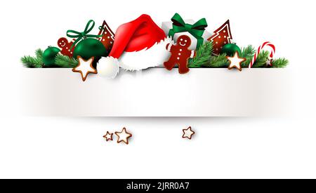 Bend Papierbanner mit weihnachtsdekoration und Kopierraum - weihnachtsmütze, Lebkuchenmann, Kekse und Tannenzweige. Stock Vektor