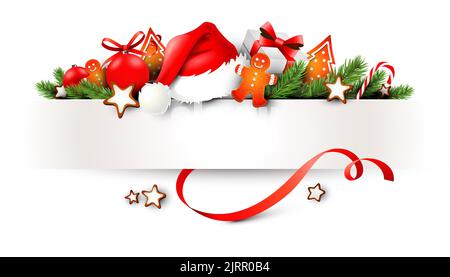 Bend Papierbanner mit weihnachtsdekoration und Kopierraum - weihnachtsmütze, Lebkuchenmann, Kekse und Tannenzweige. Stock Vektor