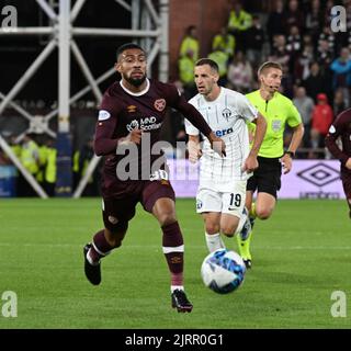 Tynecastle Park, Edinburgh.Scotland.UK.25. Aug 22 Hearts vs FC Zürich. Europa League-Play-off-Runde im zweiten Beinspiel .Hearts' Josh Ginnelly. Kredit: eric mccowat/Alamy Live Nachrichten Stockfoto