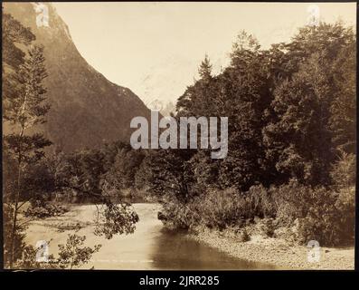 Auf dem Clinton River, Te Anau Track zum Milford Sound, 1889, Dunedin, von Burton Brothers, Alfred Burton. Stockfoto