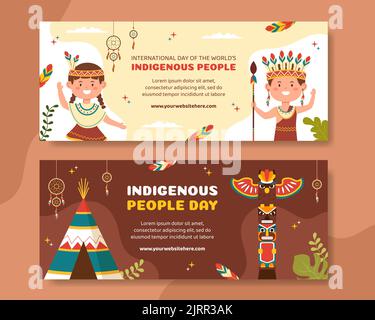 Welt Tag Der Indigenen Völker Horizontale Banner-Vorlage Handgezeichnete Cartoon Flache Illustration Stock Vektor
