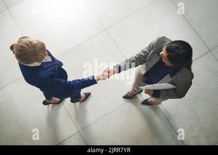 Aufbau einer weiteren erfolgreichen Partnerschaft. Aufnahme von zwei Geschäftsleuten, die sich in einem Büro die Hände schüttelten. Stockfoto