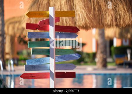 Sommerrekreation in tropischem Land. Farbenfrohe Schilder, die zum Außenpool zeigen, Strohschattenschirme an sonnigen Tagen Stockfoto