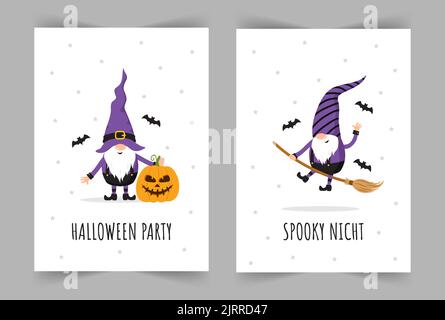 Set Halloween Grußkarten. Niedliche skandinavische Zwerge. Gruselige Nachtparty-Einladung, Poster oder Flyer. Vektorgrafik im Cartoon-Stil Stock Vektor