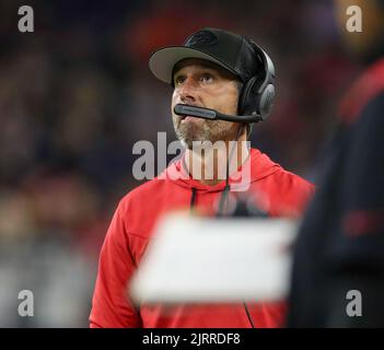 Houston, Texas, USA. 25. August 2022. San Francisco 49ers Cheftrainer Kyle Shanahan während eines Vorsaison-Spiels der NFL zwischen den Texanern und den 49ers in Houston, Texas, am 25. August 2022. (Bild: © Scott Coleman/ZUMA Press Wire) Stockfoto