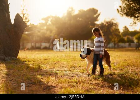 Hes ihren vierbeinigen Schatten. Ein nettes kleines Mädchen, das mit ihrem Hund durch einen Park läuft. Stockfoto