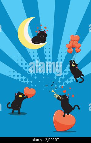 Niedliche schwarze Katze, die auf roten Herzballons zur Katze fliegt, schläft auf Halbmond, Katze spielt Trompete und Katze mit Herz-Illustration. Stock Vektor