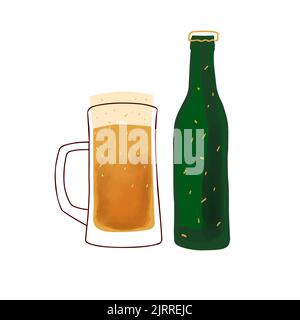 Becher Bier und grüne Flasche stilisierte Illustration isoliert auf weißem Hintergrund Stock Vektor