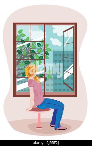 Blonde Mädchen sitzen auf einem Stuhl und Blick auf den Baum mit grünen Blättern und Gebäuden hinter offenen Fenster Illustration. Stock Vektor