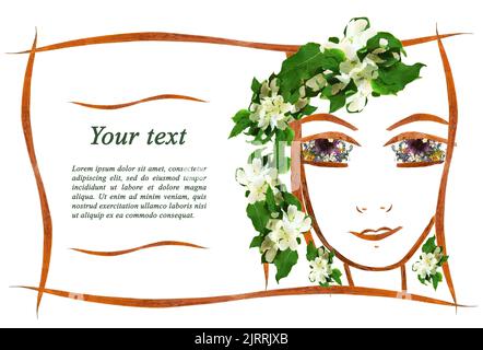 Einladung mit einem Bild der Gesichtskontur des Mädchens, Applikation aus Blumen und Blättern mit Platz für Text Stockfoto