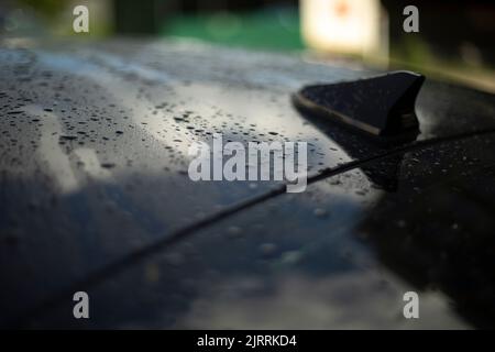 Auto mit Tropfen. Das Auto ist im Detail. Persönlicher Transport. Dach des Fahrzeugs hinten. Stockfoto