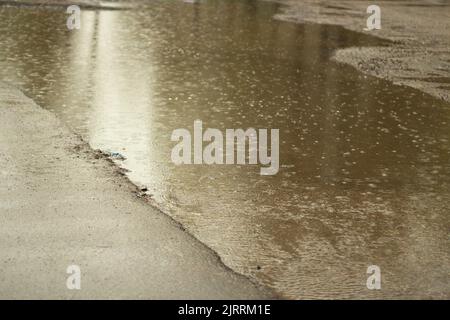 Regen draußen. Große Pfütze im Hof. Nasses Wetter. Oberfläche der Pfütze. Wasser auf der Straße. Stockfoto