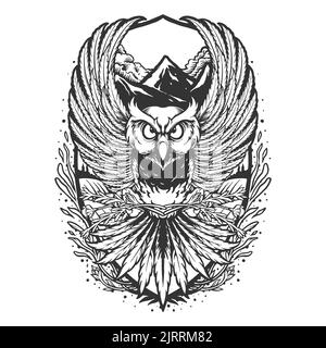 Eule fliegen auf Bergwald monochrome Vektor-Illustrationen für Ihre Arbeit Logo, Maskottchen Merchandise T-Shirt, Aufkleber und Label-Designs, Poster, gree Stockfoto