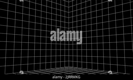 Abstrakter Computerhintergrund im Stil von 80s. Interieur im Sci-Fi-Stil mit Retro-Linien. Synthwave- oder retrowave-Rasterraum. Stock Vektor