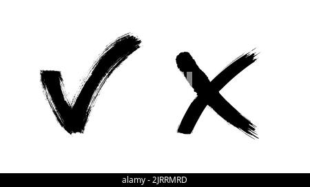 Pinsel lackiert ja und keine Häkchen. Schwarz-Weiß-Karabotafeln und Kreuzschilder. Symbole zur Genehmigung und Ablehnung gezeichneter Stimmen. X- und V-Embleme. Stock Vektor