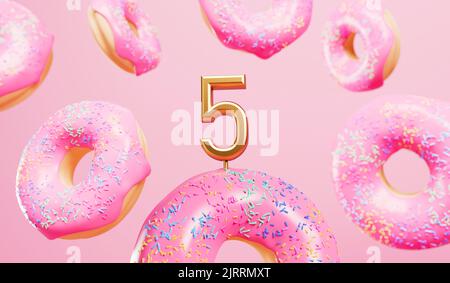 Happy 5. Geburtstagsfeier Hintergrund mit rosa mattierten Donuts. 3D Rendering Stockfoto