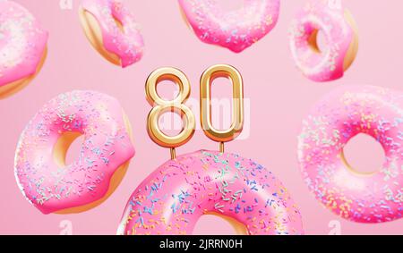 Happy 80. Geburtstagsfeier Hintergrund mit rosa mattierten Donuts. 3D Rendering Stockfoto