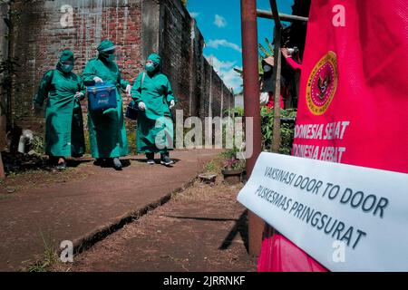 Temanggung, Central Java, Indonesien, 23. September 2021: Medizinische Mitarbeiter bereiten Injektionen des Covid-19-Impfstoffs vor. Durch diese Methode wird erwartet, dass die Teilnahme an Impfungen zunehmen wird, da sie Familien erreichen kann, die keinen Zugang haben und Angst haben, das Haus zu verlassen, um die Übertragung des Virus zu vermeiden. Stockfoto