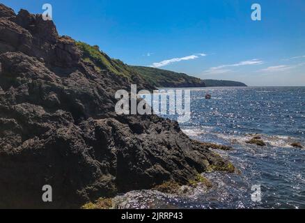 Vang, Dänemark. 03. August 2022. Landschaft an der Westküste in der Nähe der Ruinen der mittelalterlichen Festung Hammershus auf der dänischen Insel in der Ostsee. Die Insel Bornholm ist - zusammen mit dem vorgelagerten Archipel Ertholmene - Dänemarks östlichste Insel. Dank seiner Lage zählt die Insel Bornholm besonders viele Sonnenstunden. Quelle: Patrick Pleul/dpa/Alamy Live News Stockfoto