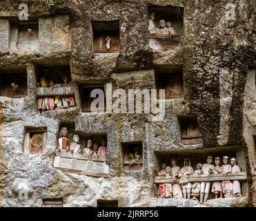 Indonesien, 13 2022. Juni - Tau Tau aus Holz vereidigt die Wachgräber in Toraja. Stockfoto
