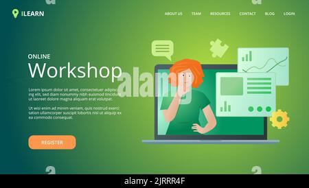 Vektorvorlage für Online-Workshop-Website, Modell für Ankündigung von Geschäftskonferenzen. Hintergrund und Illustration für Website-Konzept-Design-Vektor. Moderatorin in einem Computer-Laptop. Stock Vektor