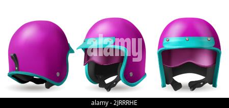 Motorradhelm für Moto-Rennen und Motorroller. Vektor realistische Illustration von 3D retro rosa Helm mit blauem Visier und Brille vorne, hinten Stock Vektor