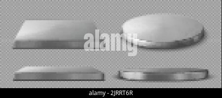 Realistischer Satz von glänzenden silbernen runden und quadratischen Platten auf dem Hintergrund isoliert. Plattformen mit Aluminiumfolie und blank schimmernder Oberfläche in persp Stock Vektor