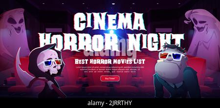 Poster der Kino-Horror-Nacht im Kino. Vektor-Plakat der gruseligen Filme Festival mit Cartoon-Illustration von Kinosaal Innenraum mit Sitzen, m Stock Vektor