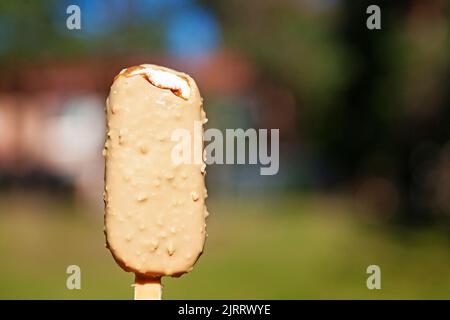 Eis mit Karamell-, Vanille- und Schokoladengeschmack Stockfoto