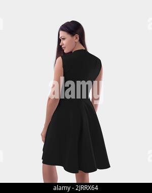 Sommer schwarz Kleid Vorlage mit hoher Taille, Reißverschluss auf der Rückseite, Wellenrock auf Mädchen, isoliert auf dem Hintergrund. Nachbau einer Mode-Sundress, Frauen-App Stockfoto