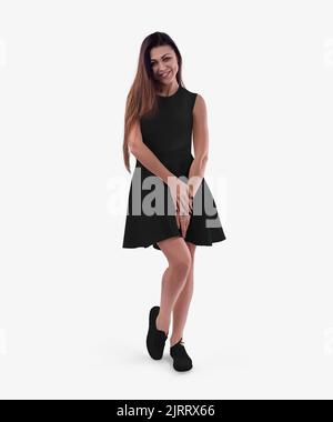 Nachbildung eines schwarzen Wellenkleides auf einem dunkelhaarigen Mädchen in Schuhen, einer Sommersundress mit geschwollenen Rock, isoliert auf einem Hintergrund, Vorderansicht. Mode-Textu Stockfoto