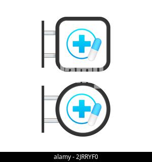 Apotheke. Gesundheitswesen. Online-Markt. Hochwertige Apotheke. Vektorgrafik. Stock Vektor