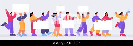Protestdemonstration, Streik, marsch von Menschen mit leeren Spruchbändern. Vektor flache Illustration von Streikenteilnehmern, Aktivisten mit leeren Plakaten und Stock Vektor
