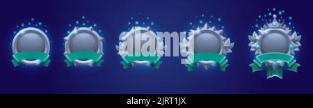 Circle Game Ranking Abzeichen mit silbernen Rahmen, Bändern, Krone und Edelsteine isoliert auf dem Hintergrund. Vektor-Cartoon-Set von Award-Labels, runde Avatar-Rahmen Stock Vektor