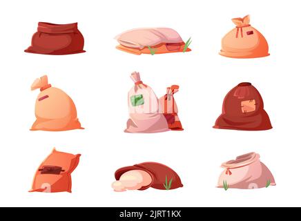 Beutel und Säcke mit Getreide, Mehl, Reis, Getreide oder Salz isoliert. Landwirtschaftliche Produktion in braunen Textilballen, geschlossenen und offenen Sackleinen auf weißem Bac Stock Vektor